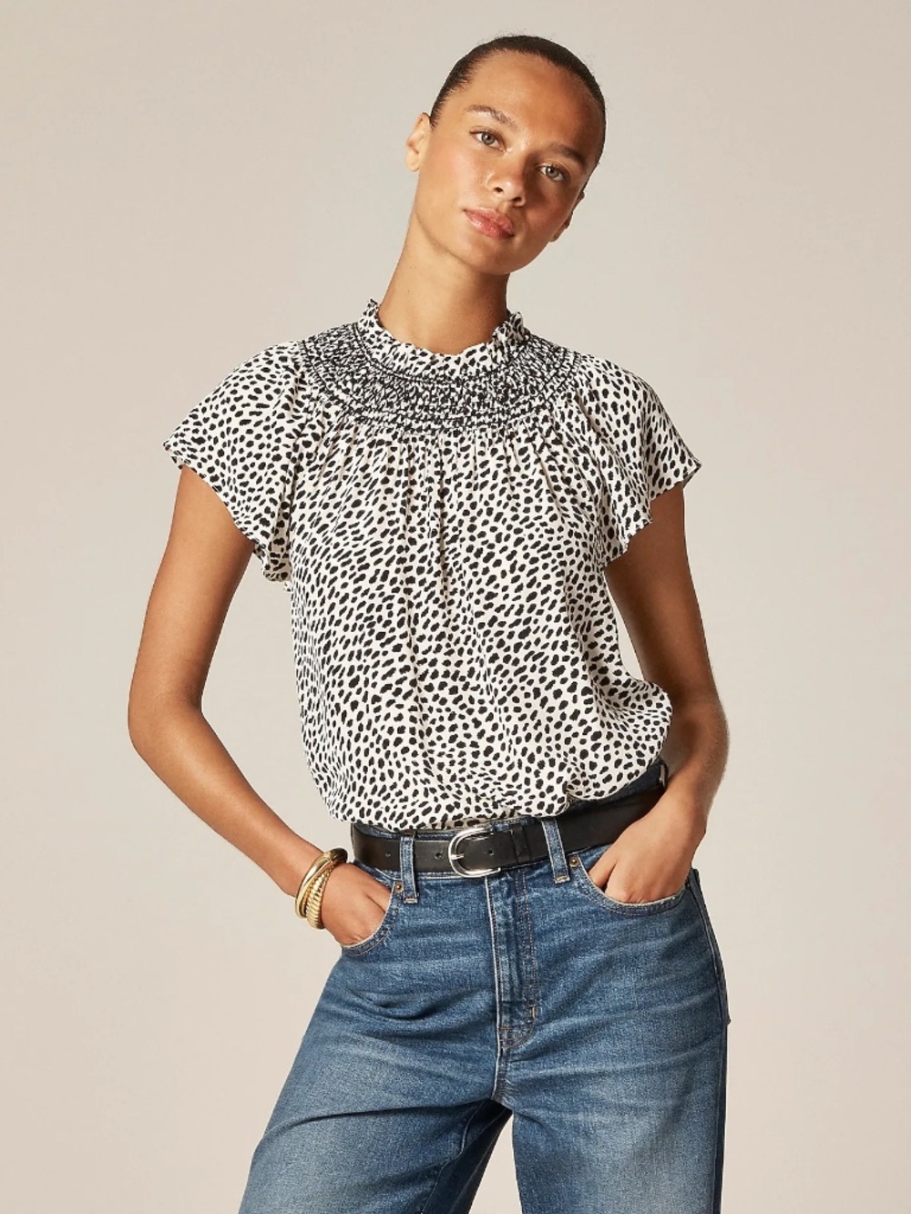J. Crew Smocked high-neck top in spot-print crepe de chine Small (never worn)